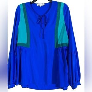 Amanda Uprichard Blue & Green Color-block Silk Blouse Tie